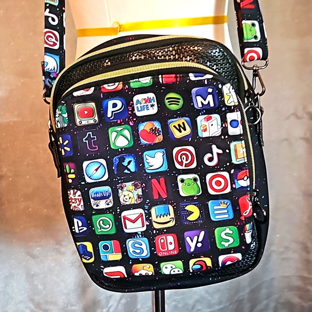"App Icon" Handmade crossbody Neoprene & faux leather shell cotton lining‎ RARE